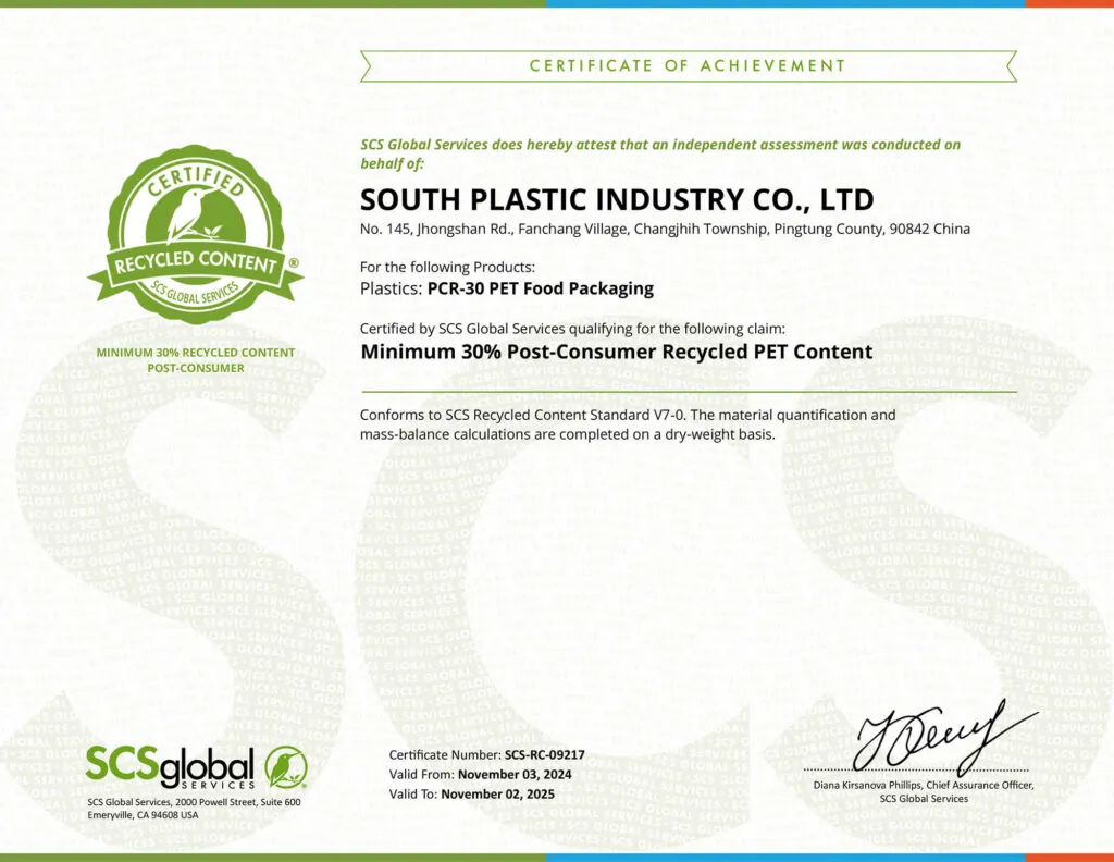 SCS Recycle Content Certified - PCR-30 PET