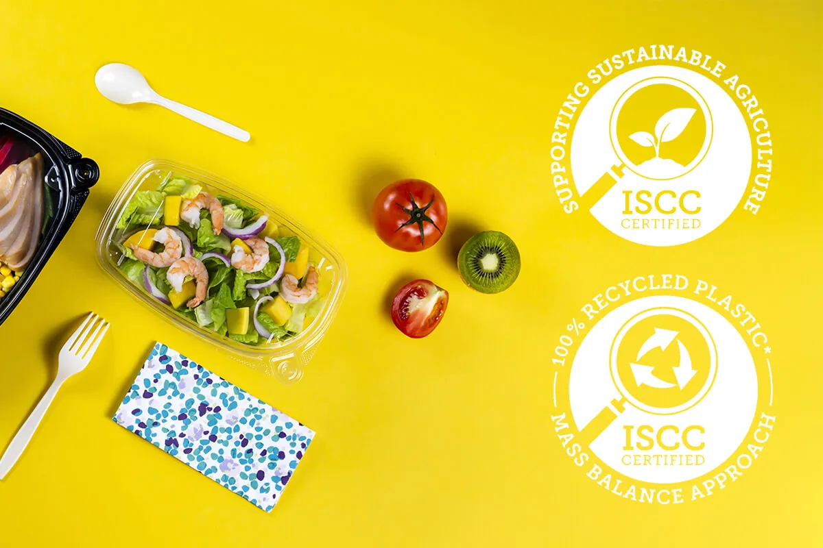 SPI ISCC PLUS certification sustainable plastic food packaging materials with mass balance certified bio PP and chemically recycled rPET food containers