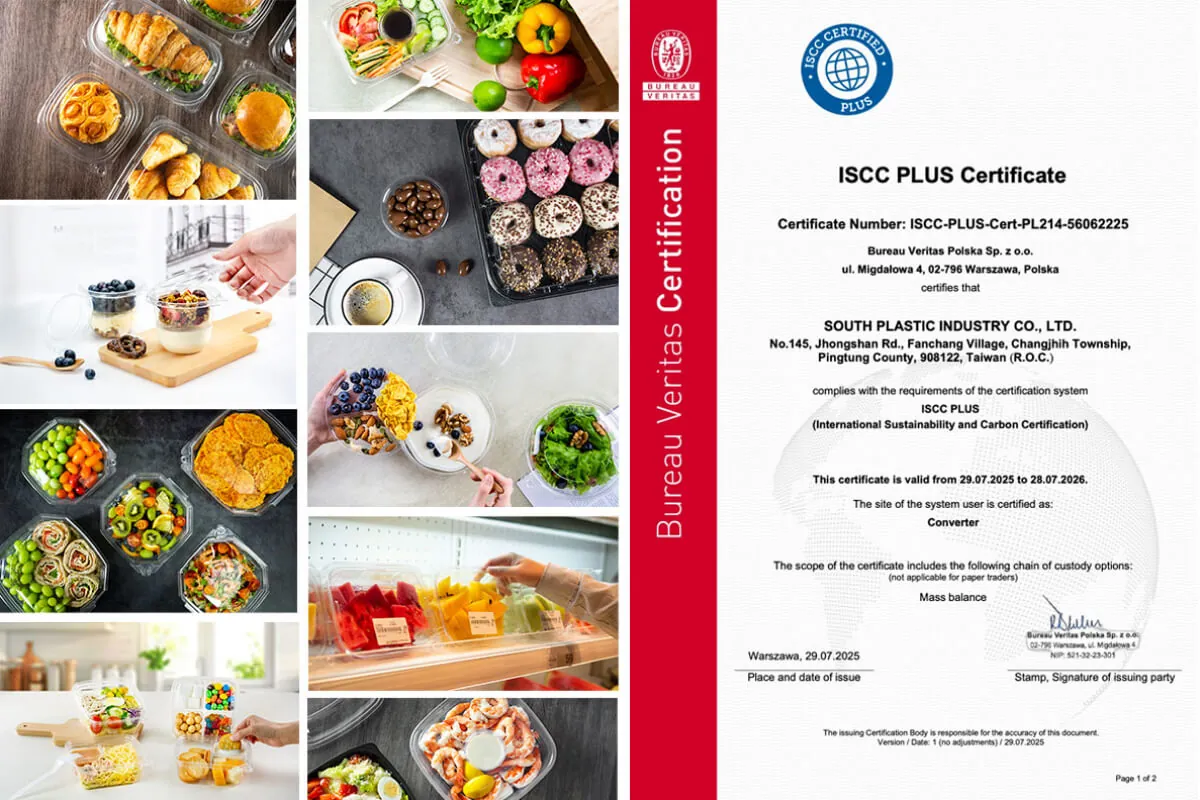 ISCC PLUS certification sustainable food packaging solutions with certified plastic containers and official certificate supporting packaging goals